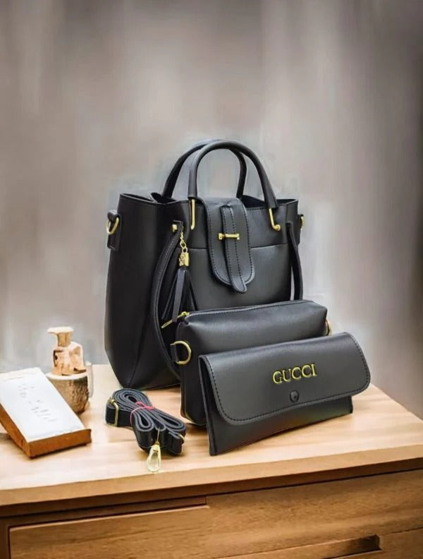 100% Imported Leather Plain High Quality 3-Piece Handbag Set